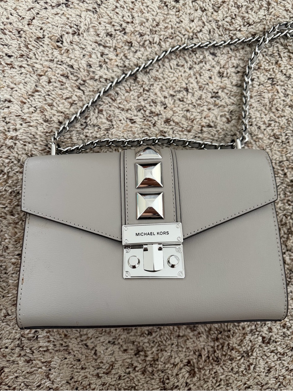 Michael Kors Taupe Pebbled Leather Chain Shoulder Bag with Silver Hardware
